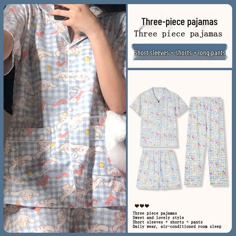 Summer Fashion Pajamas: Women's Short Sleeve Three-Piece Set with Cartoon Pacha Dog Design, Suitable for Home or Outdoors