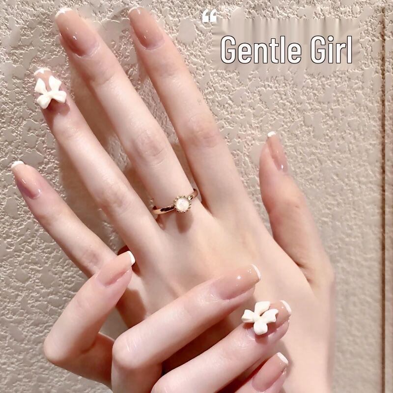 

Elegant French Nude Butterfly Short Nail Tips - Wearable Fake Manicure Stickers Glue Model