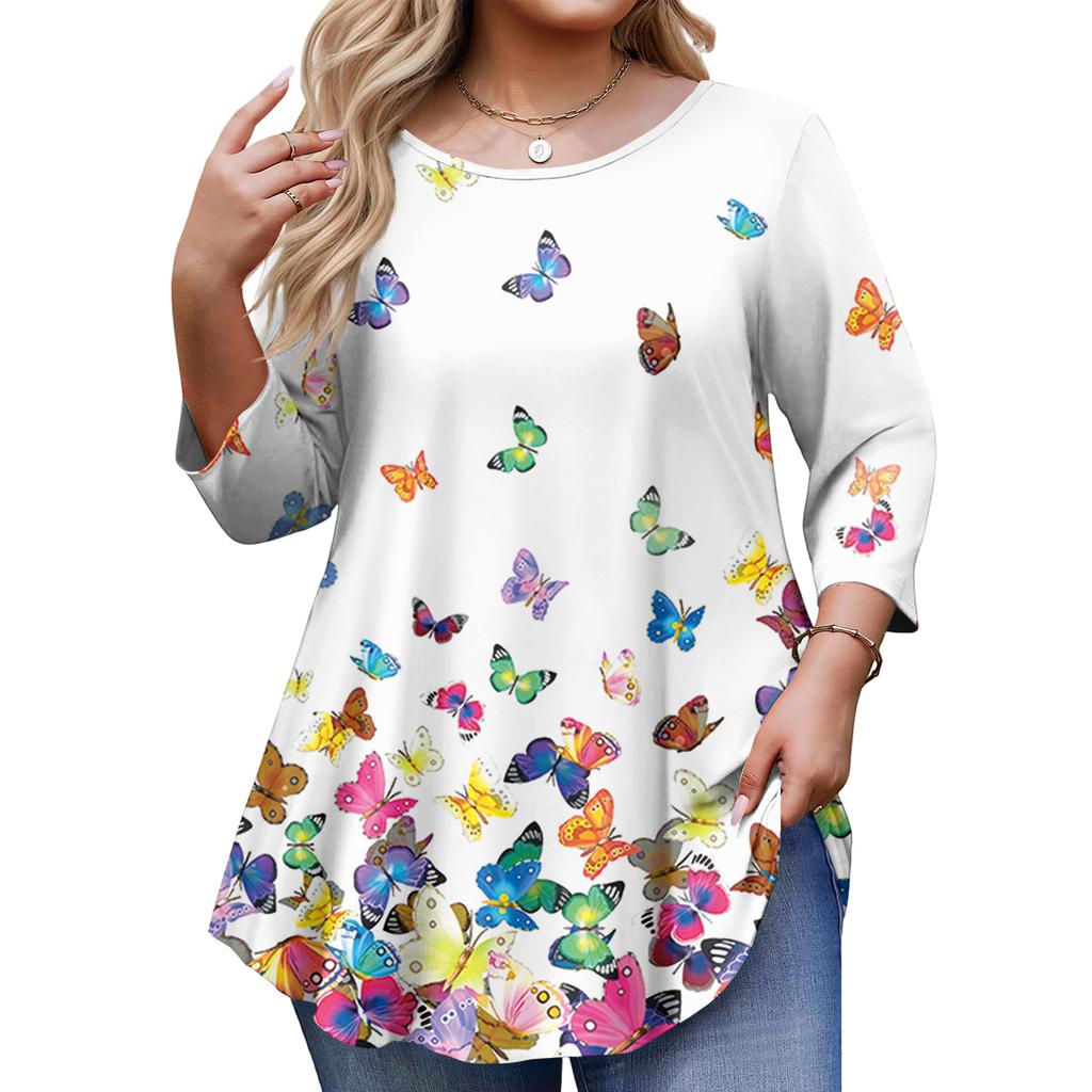 Top Moda da Donna Stampa Floreale Taglie Forti Manica 3/4 Orlo Arrotondato Girocollo
