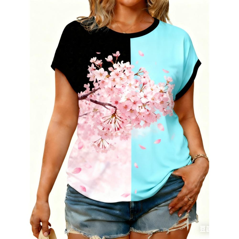 Tricouri de damă mărime mare XL-7XL Tricou de damă cu gât rotund, la modă, cu patchwork floral și imprimeu colorat, cu mânecă scurtă