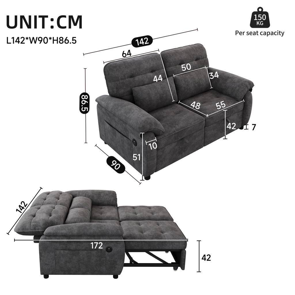 3-in-1 Double Sofa Bed with Adjustable Backrest and Bed Function, Convertible Sofa with USB Charging Port, Chenille Fabric, Grey, Incl. 2 Cushions