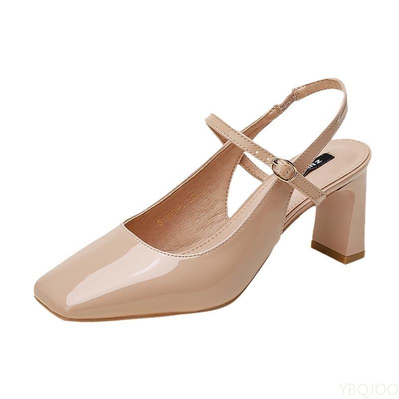 Fashionable soft square toe buckle strap casual women's shoes new style with simple temperament summer back empty high heels