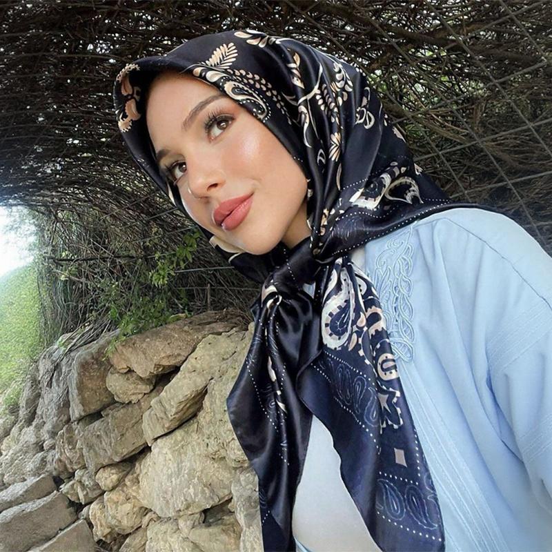 Satin Square Scarf Women Muslim Hijab Elegant  Print Silk Neckerchief Shawl Wraps Headband Handle Hair Accessories Bandana
