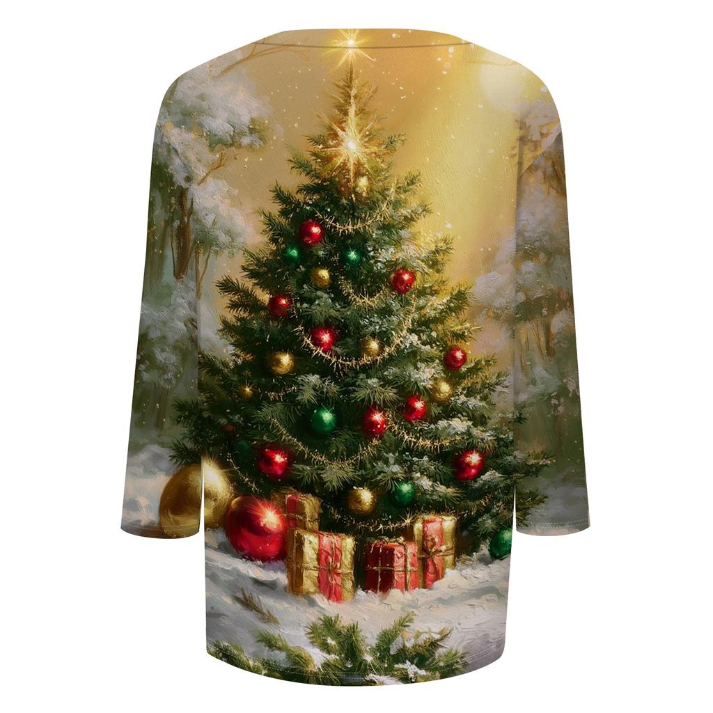 Women's Casual Three-Quarter Sleeve Christmas Print Neck Top for Giving