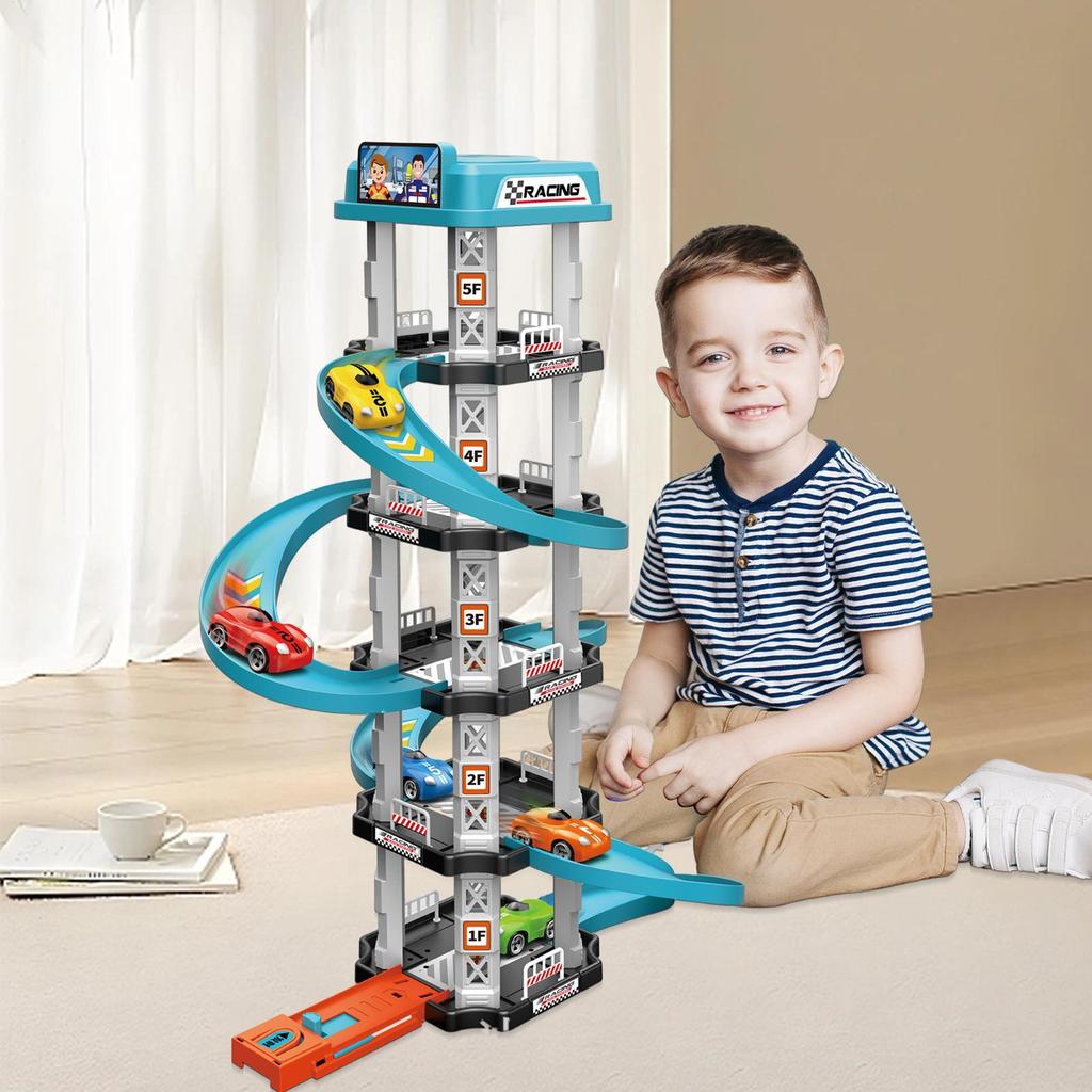 Jouet Garage de Parking pour Voitures Jeu Interactif de Course de Véhicules Rampe d'Assemblage Jouet Éducatif Préscolaire Jouets de Circulation pour Enfants