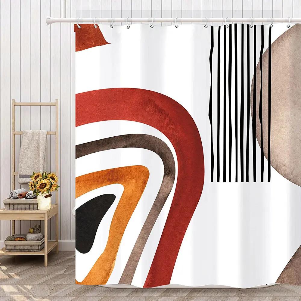 Abstract Mid Century Shower Curtain Minimalist Lines Striped Modern Simple Red Orange Polyester Waterproof Cloth Bathroom Decor