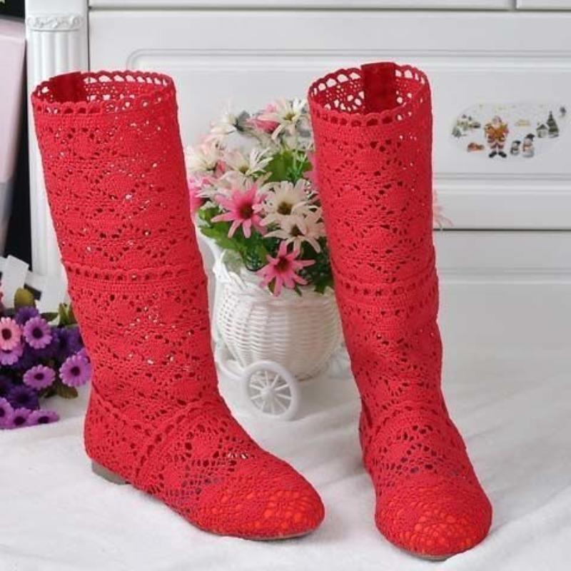 Comercio exterior nuevo primavera tejido hueco botas red de botas botas altas botas Martin botas planas de una sola suela botas frescas mujer