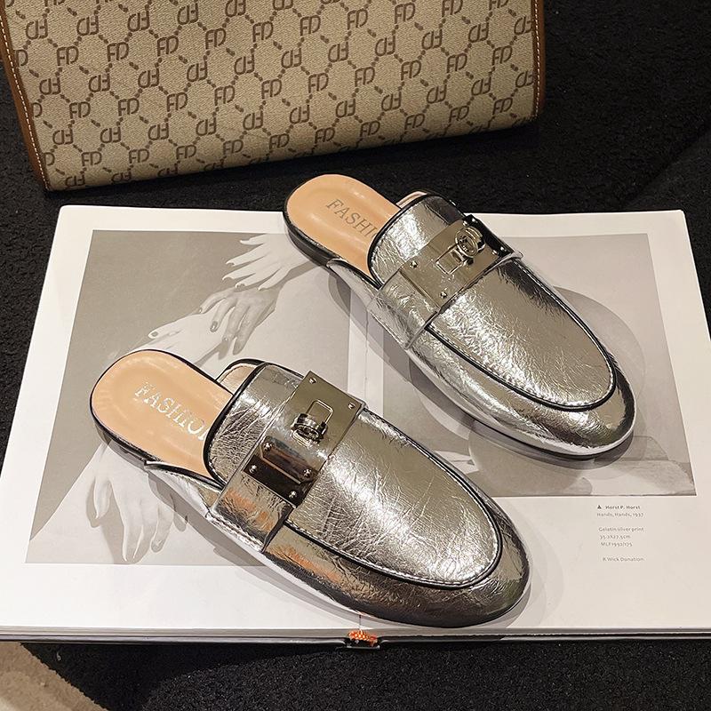 

Баотоу полутапочки женские носят новые кожаные на плоской подошве Мюли шлепанцы универсальные сандалии женские 40 серебряный