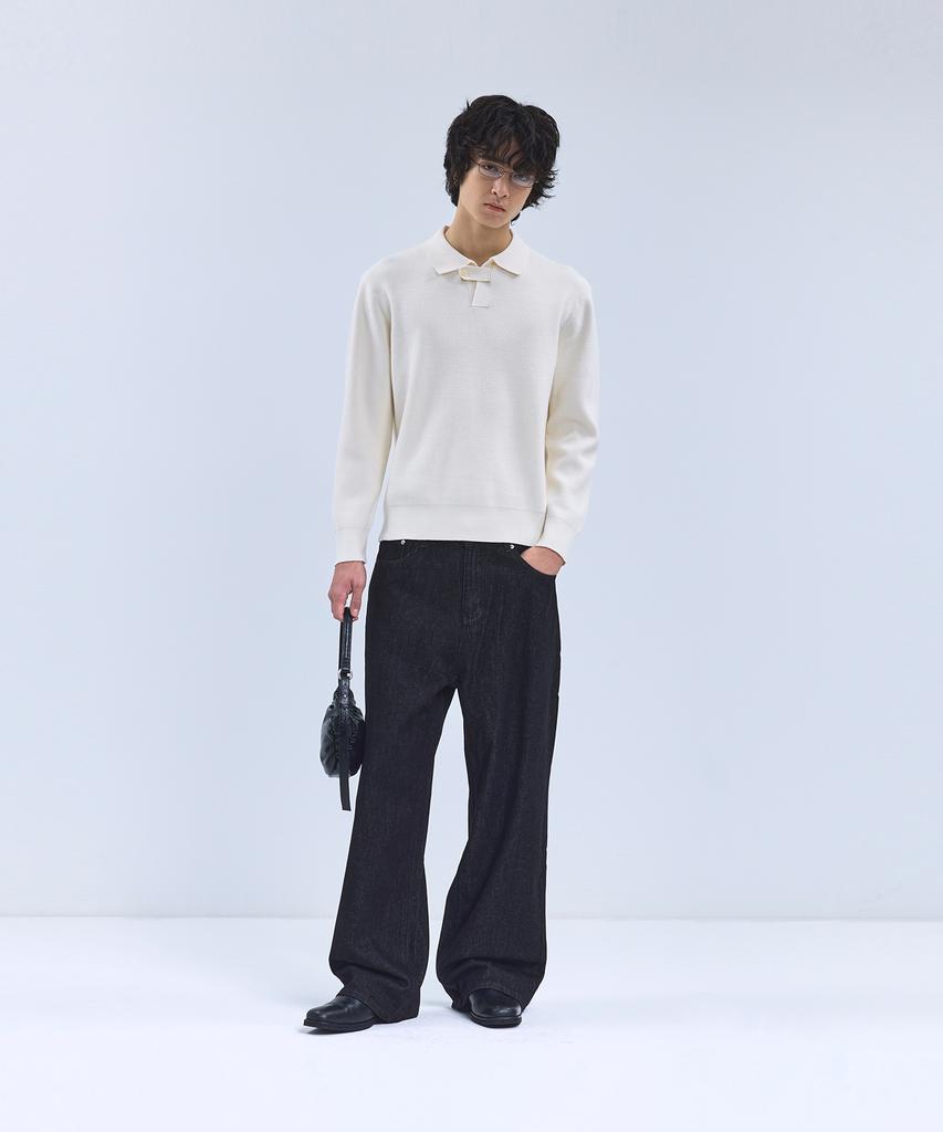 IRONYPORNO WHITELINE 86-Iroj367 Collar Placket Long Sleeve Knit Ivory