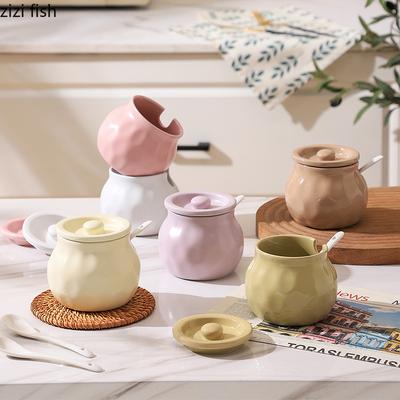 Solid Color Hammer Patterned Ceramic Seasoning Jar with Spoon Household Salt Jar Sugar Jar Spice Can Pork Oil Can Seasoning Tool