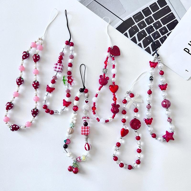 Strawberry Pearl Phone Chain Cherry Love Beads Pendant Charm Sweet Earphone Case Hanging Rope Anti-Lost Lanyard Strap Bag Decor