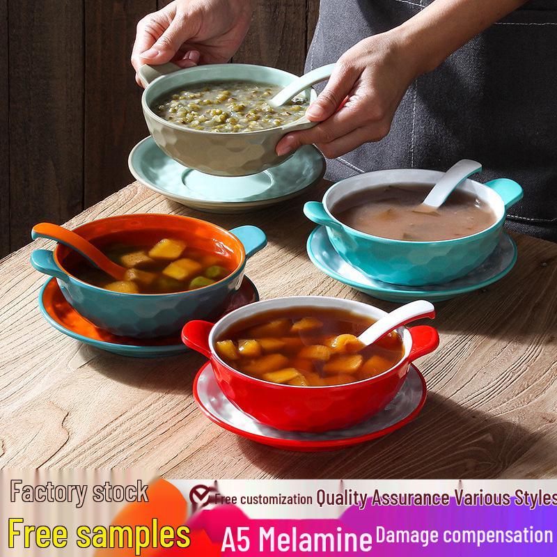 A5 Melamine Porcelain-Style Dessert Bowls: Creative Double-Ear Set for Sweets, Soup, Shaved Ice, and Snacks