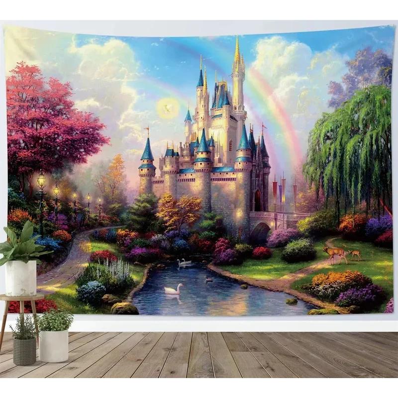 VIKAMA Fantasy Castle Tapestry Magical Forest Mountain Waterfall Scenery Wall Hanging Aesthetic Decor for Bedroom Living Room13