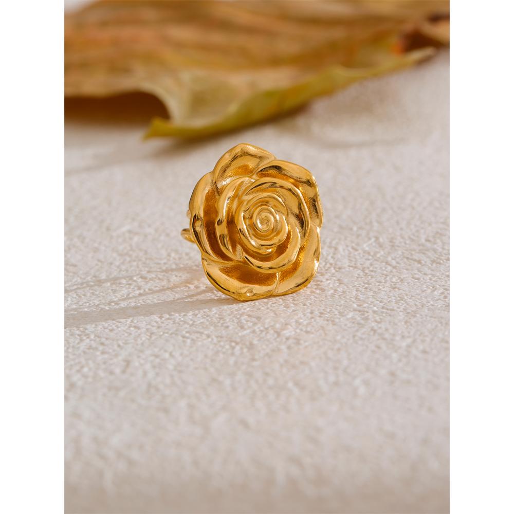 Eetit Hot Style Stainless Steel Metal Texture Flower Open Adjustable Ring 18K Gold PVD Plated Charm Jewelry Wholesale Gift