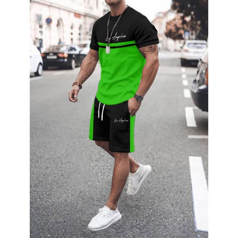 Cross-border new style 3D printed gradient letter short-sleeved T-shirt summer men s casual sports suit S