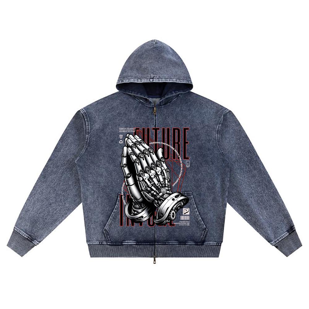 DTG Print Knitted Denim Zip-Up Hoodie Robot Graphic Brother Print Zipper Hoodies  