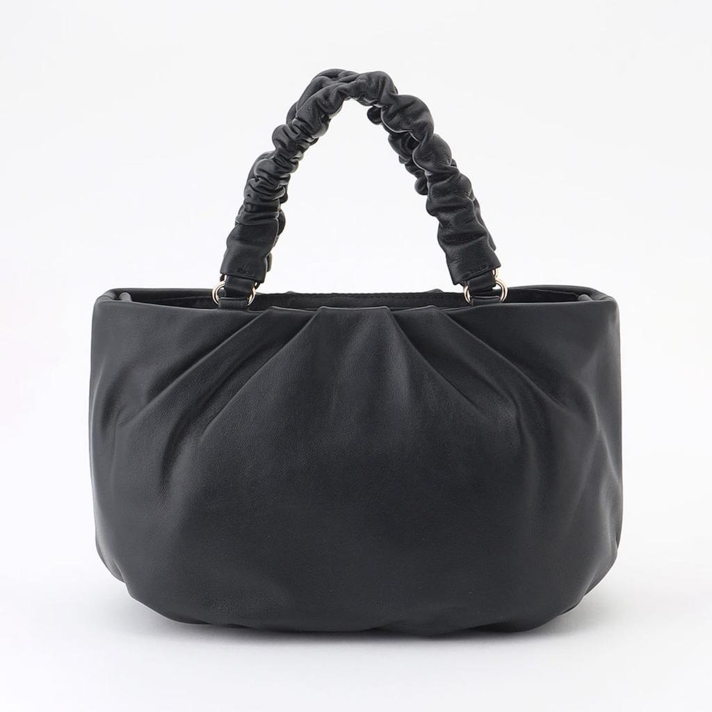 Labagagerie Sheep Leather Gathered Handle 2-Way Round Tote Bag B008401 Black (10)