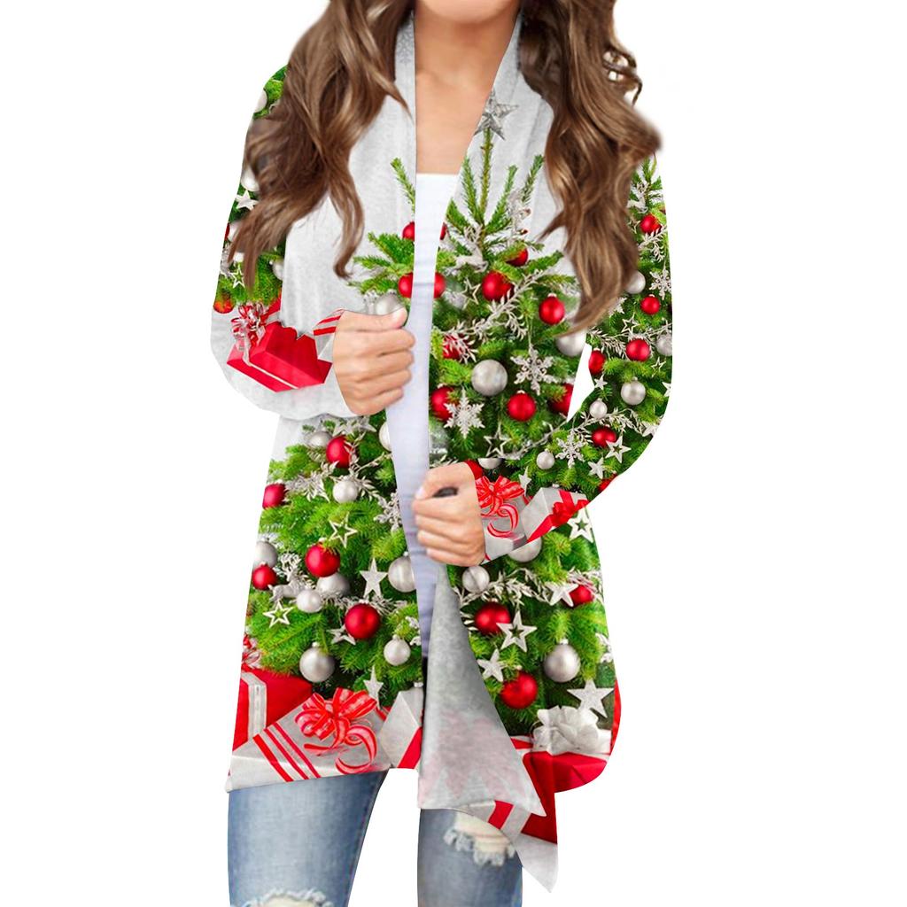Damenmode, lässig, Weihnachtsdruck, langärmelige Midi-Strickjacke