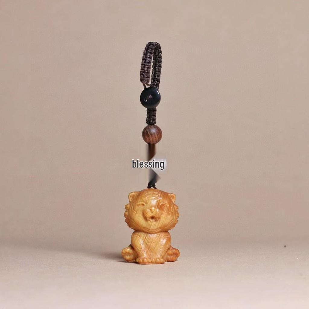 Golden Sandalwood Zodiac Animal Carving Keychain - Solid Wood Cultural Craft