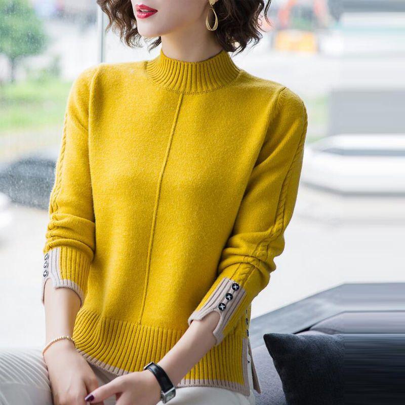 Fall/Winter Women's Semi-Turtleneck Sweater Thickened Loose Pullover Knitwear Split Stretch Knit Jumper