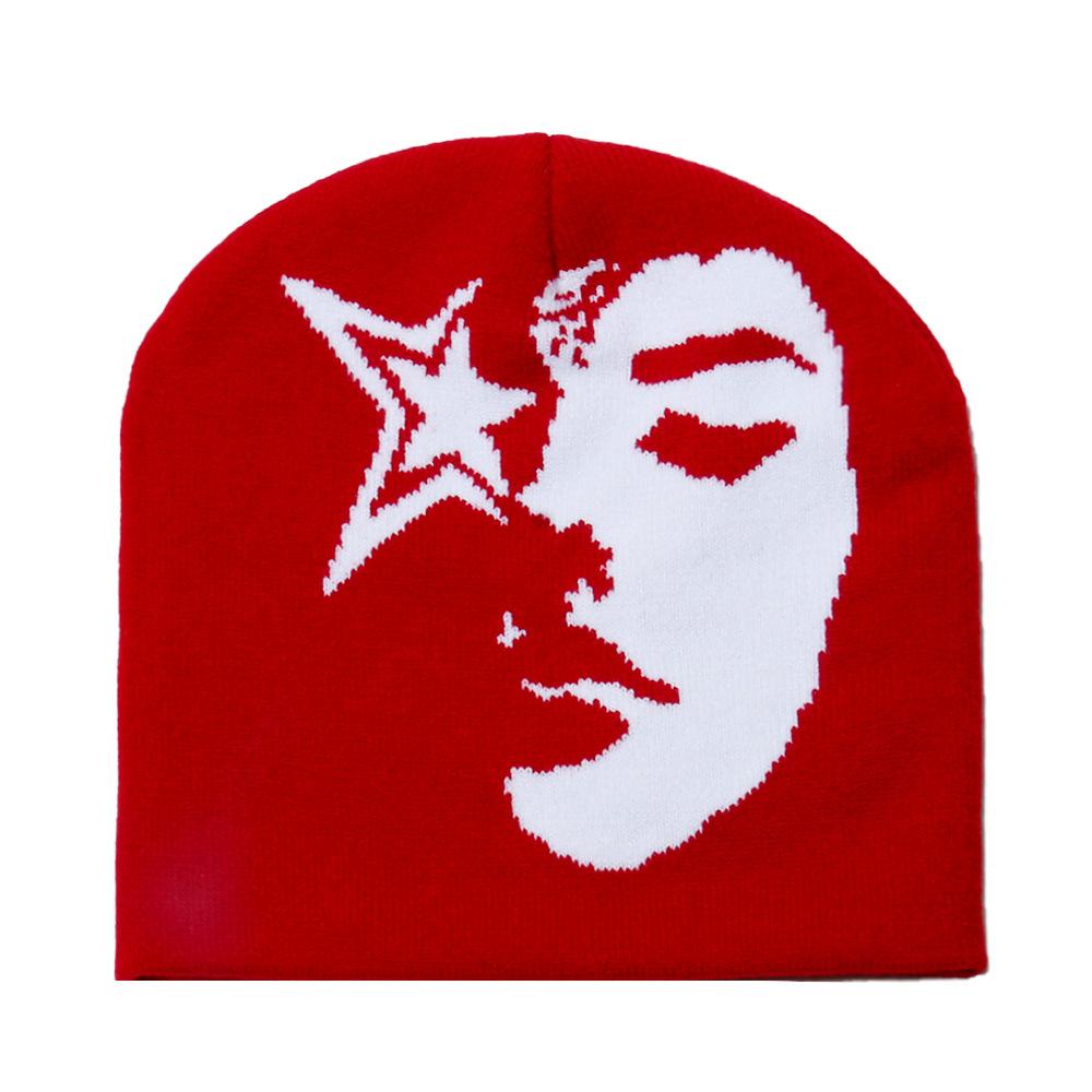 

Популярная звезда Y2K женщина певица узор жаккардовая вязаная шапка хип-хоп личность теплая зимняя шапка женщина M（56-58cm） красный