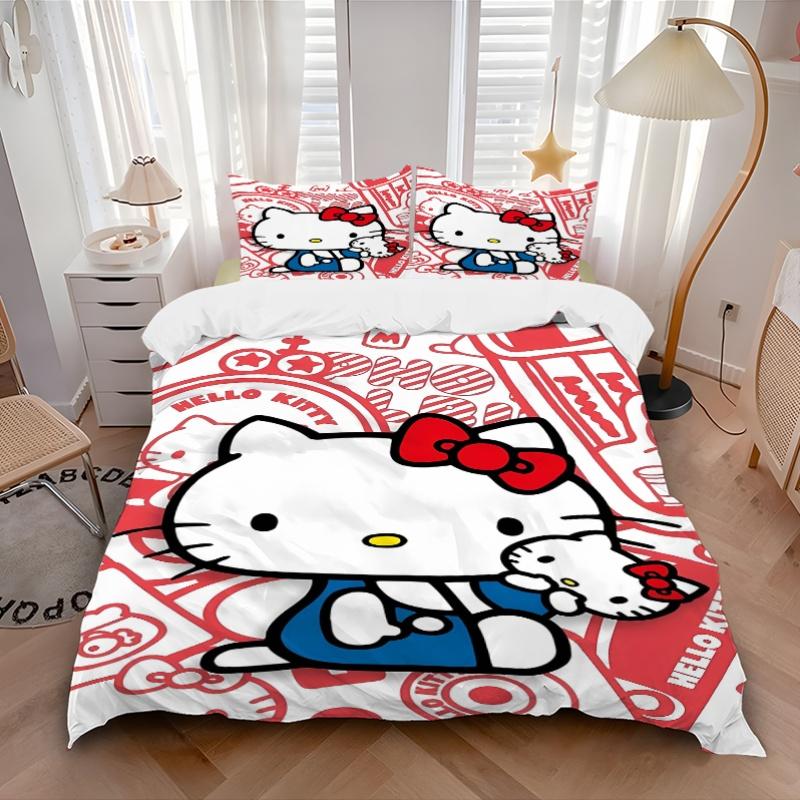 3pcs Cute Hello Kitty Design Printed Quilt Set - Soft and Comfortable Quilt Cover for Bedroom, Guest Room and Dormitory Decorative Bedding S