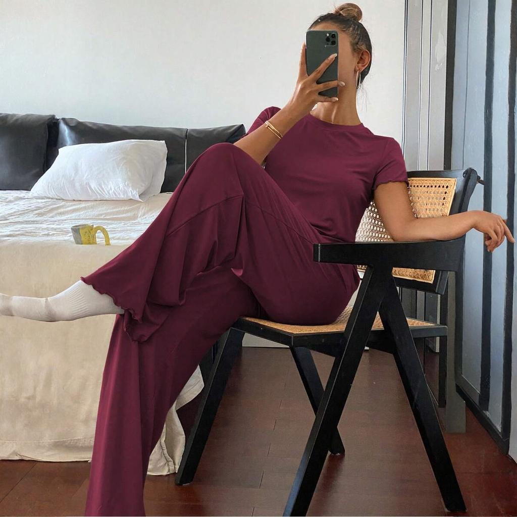 Women's Fall Two Piece  Outfits Long Sleeve Tops Tee Shirts Wide Leg Pants Sets