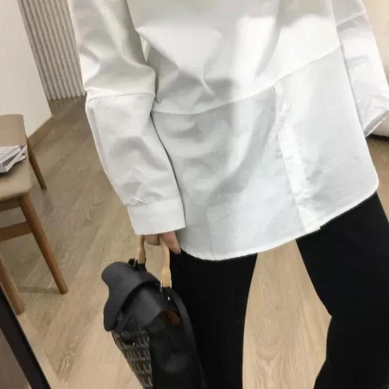 White T-shirts Women Patchwork Spring Autumn Loose Long Sleeve O-neck Solid Simple All-match Chic Sweet Japan Style Fashion Slim