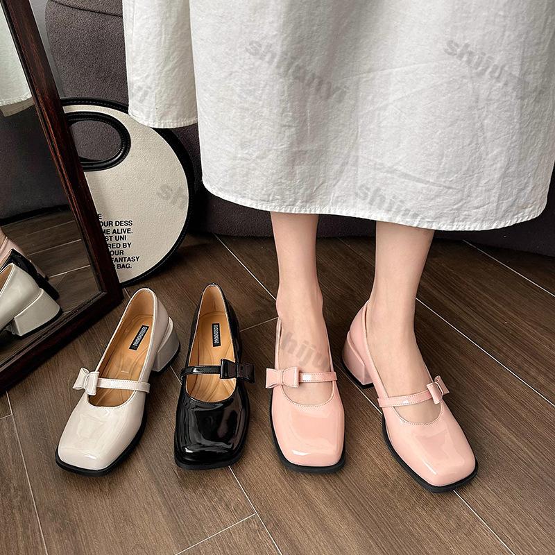Modische Mary Janes mit eckiger Spitze und Schleifen für Damen, Frühling Neue Mode High Heels Leder Plateaupumps Frau Slipper Dicke Absätze Einzelne Schuhe
