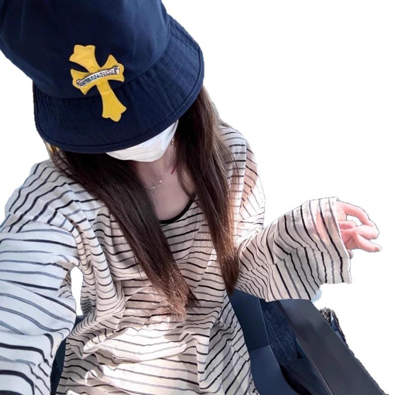 Contrast Striped Long-sleeved T-shirt for Women Summer Thin Blouse Loose Lazy Relaxed and Temperamental Top