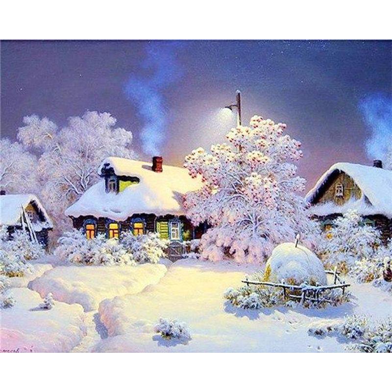 Full Round Diamond Painting Handmade Winter Scenery Cross Stitch 5d Diamond Embroidery House Landscape Decor