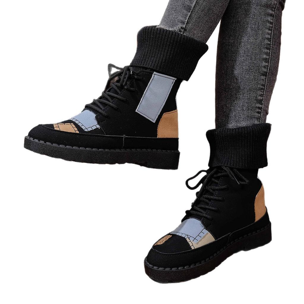 Plus Size Patchwork Martin Boots,Round Toe Mid-Calf Knit Collar Ankle Boots Women