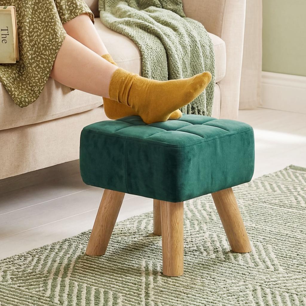 Velvet Square Padded Footstool - Dark Green