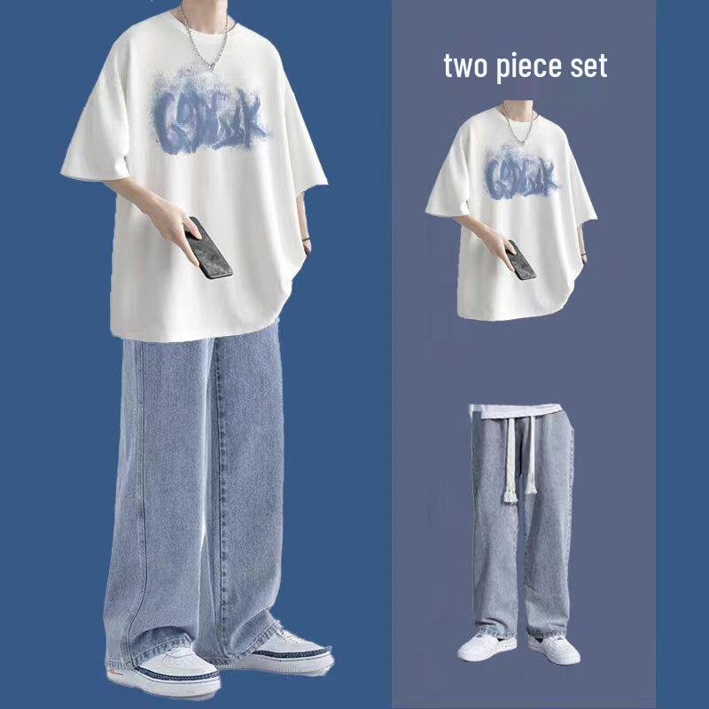 

Trendy Hong Kong Style Summer Set: Handsome Short Sleeve T-Shirt & Jeans for Teens L