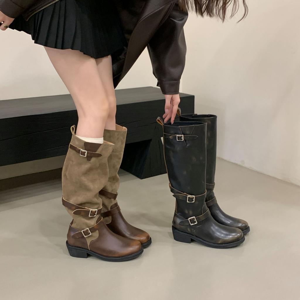 Heavy Knight Boots "retro Old Polished Pleated Boots Women's Autumn Thick Heel Belt Buckle Locomotive Stacking Boots