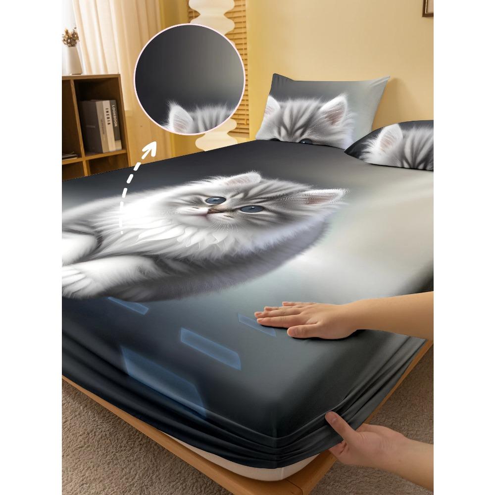 1 Cartoon Cute Animal Cat Digital Printed Frosted Fitted Sheet,bedroom Printed Bed Cover,bedding(No Pillowcase)