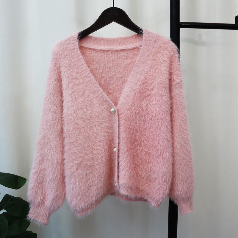 Solid color imitation mink velvet knitted cardigan autumn and winter new loose soft waxy high-end sweater jacket women