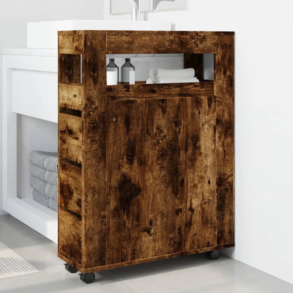 Narrow Bathroom Cabinet with Casters Smoked Oak Wood Based Panel