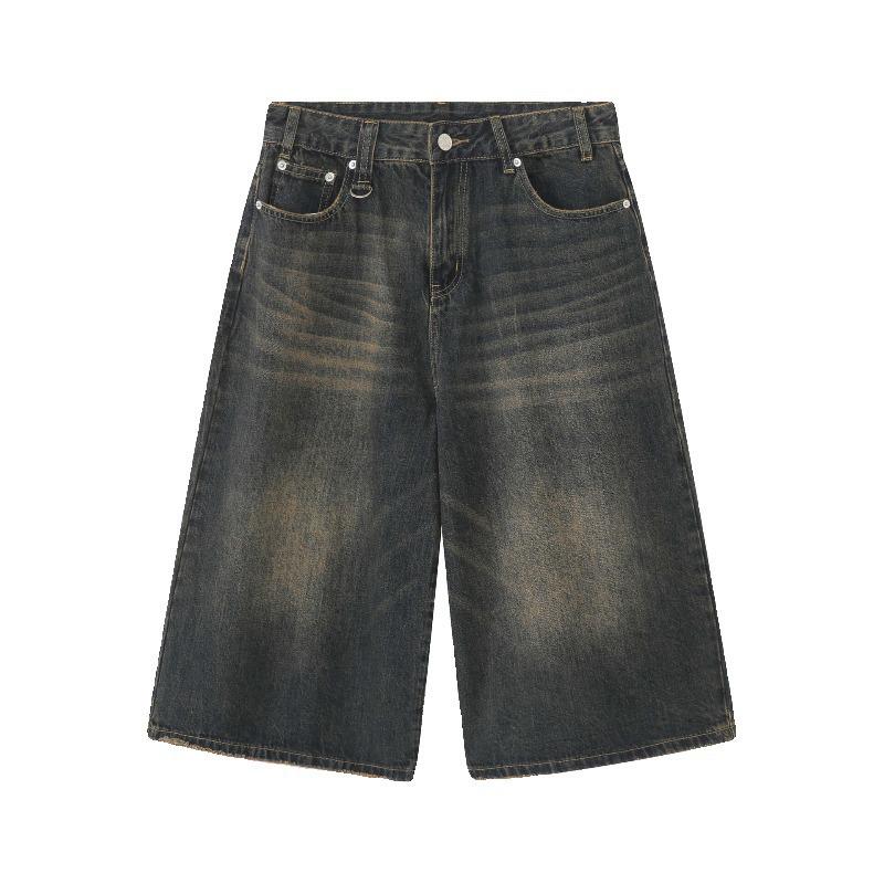 Unisex Retro Washed Wide-Leg Cropped Jeans Shorts