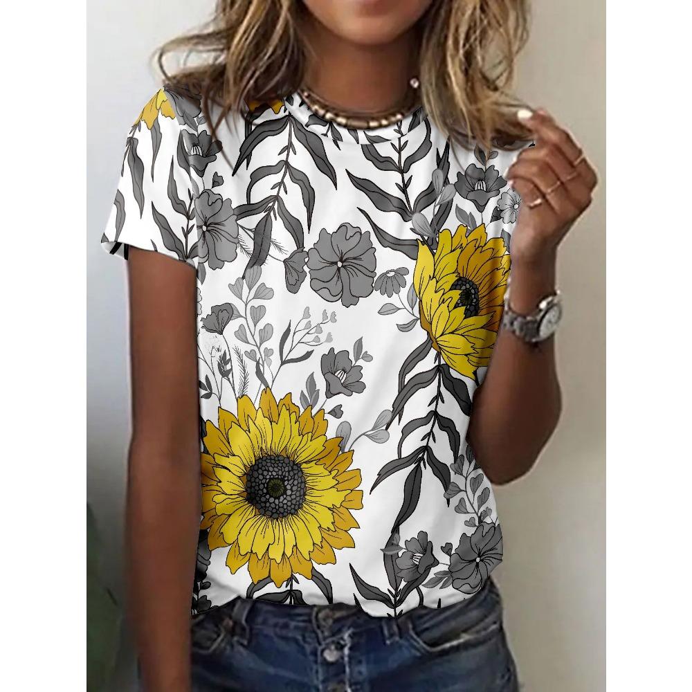 Ink Painting Floral T-Shirts Flower 3D Print Women Summer Short Sleeve Round Neck T Shirt Tees Harajuku Y2K Tops Female Clothing