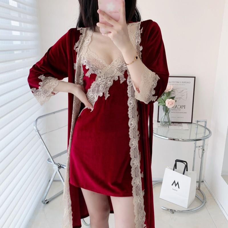 Velvet Women Homewear Sexy Lace Kimono Bathrobe Gown Trim 2PCS Robe Set Loose Casual Lounge Wear Autumn Winter Velour Sleepwear