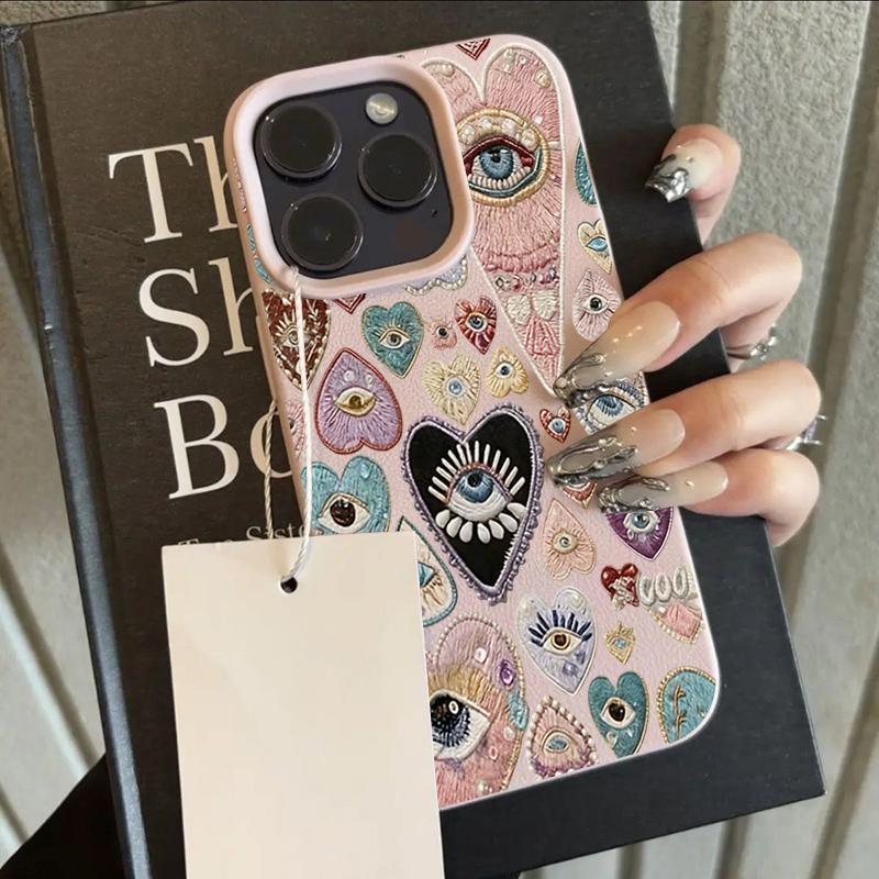 

Colored Heart-Shaped Eyes Lychee Texture Phone Case For iPhone 17 16 15 14 13 12 11 Pro Max 14 15 Plus 17Air Silicone Soft Cover iPhone 16 Plus