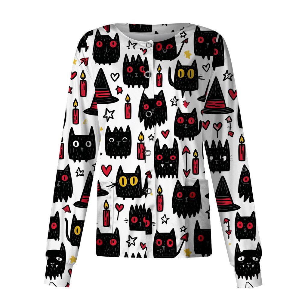 Women's Casual Long Sleeve Button Down Halloween Print Top for Costume Wear