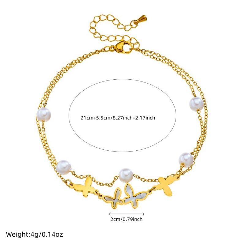 Gold Plated Butterfly Pearl Anklet for Women Double Layer Stainless Steel Foot Jewelry