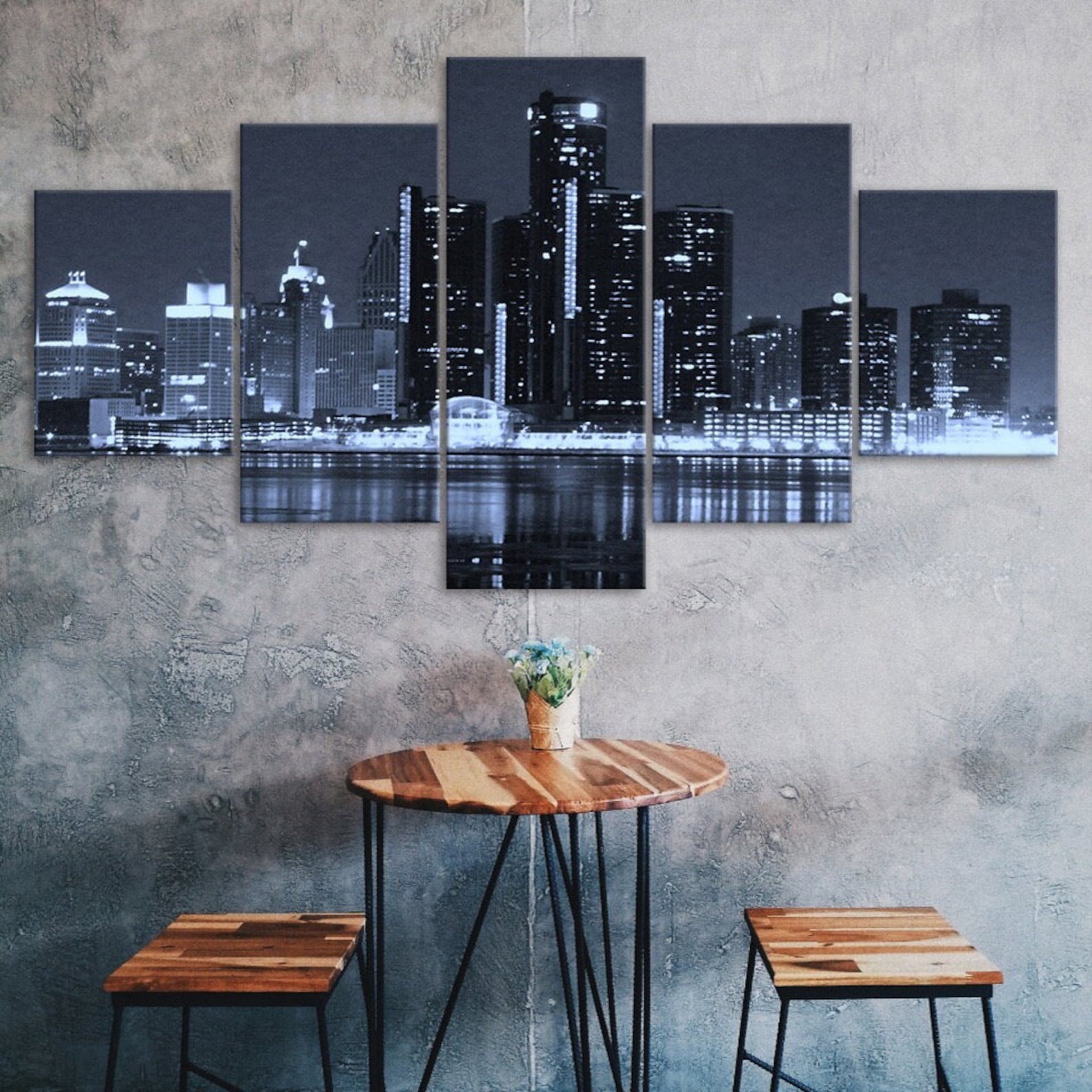

Detroit Michigan Cityscape Skyline Dark Night 5 Piece Five Panel Wall Canvas Print Modern Art Poster Picture Home Decor Gift For Him Her 20X35 20X45 20X55CM