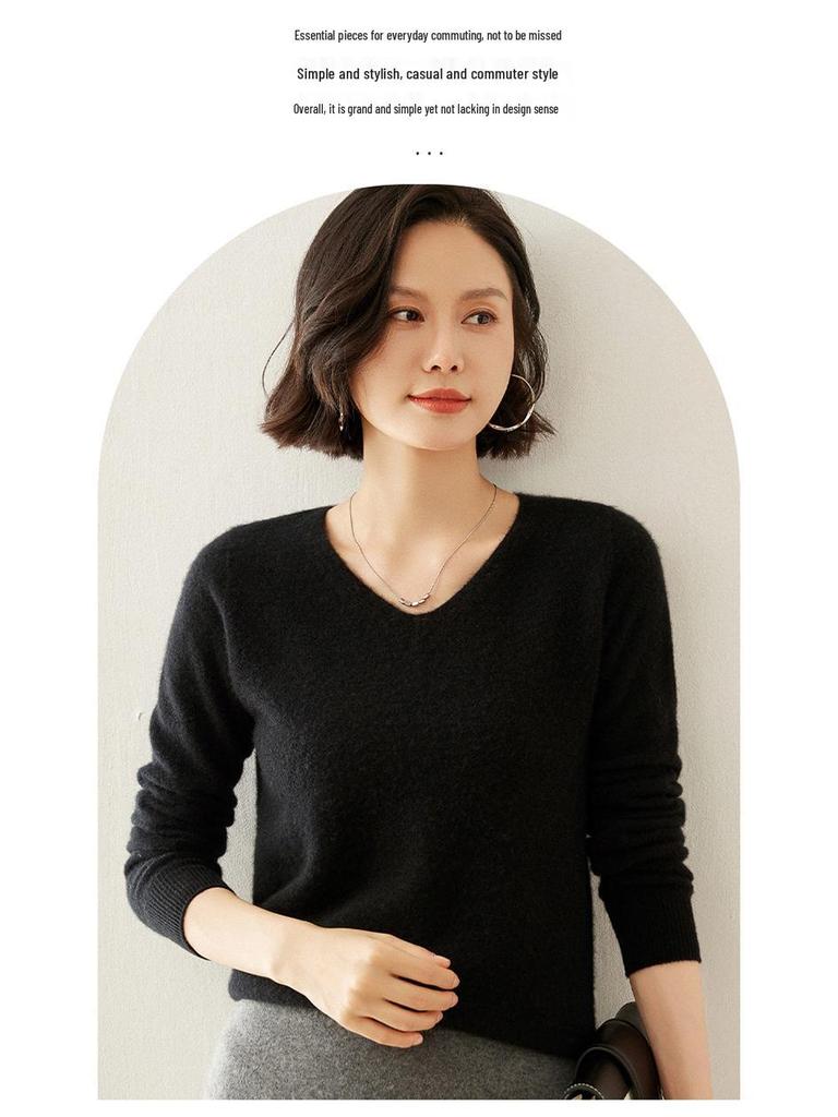 Women's V-Neck Cashmere Sweater - Slim Fit, Hollow Knit Pullover for Autumn/Winter