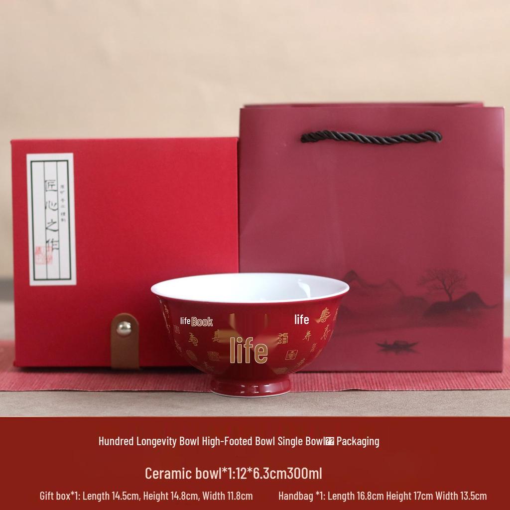 High-Temperature Underglaze Porcelain Longevity Bowl with Chopsticks and Spoon - Ideal Gift for 80th Birthday