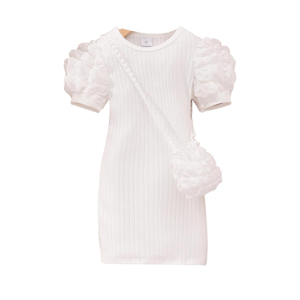 Kids' Lightweight Bubble Dress: Short Sleeve, Round Neck, Solid Color with Bubble Pockets