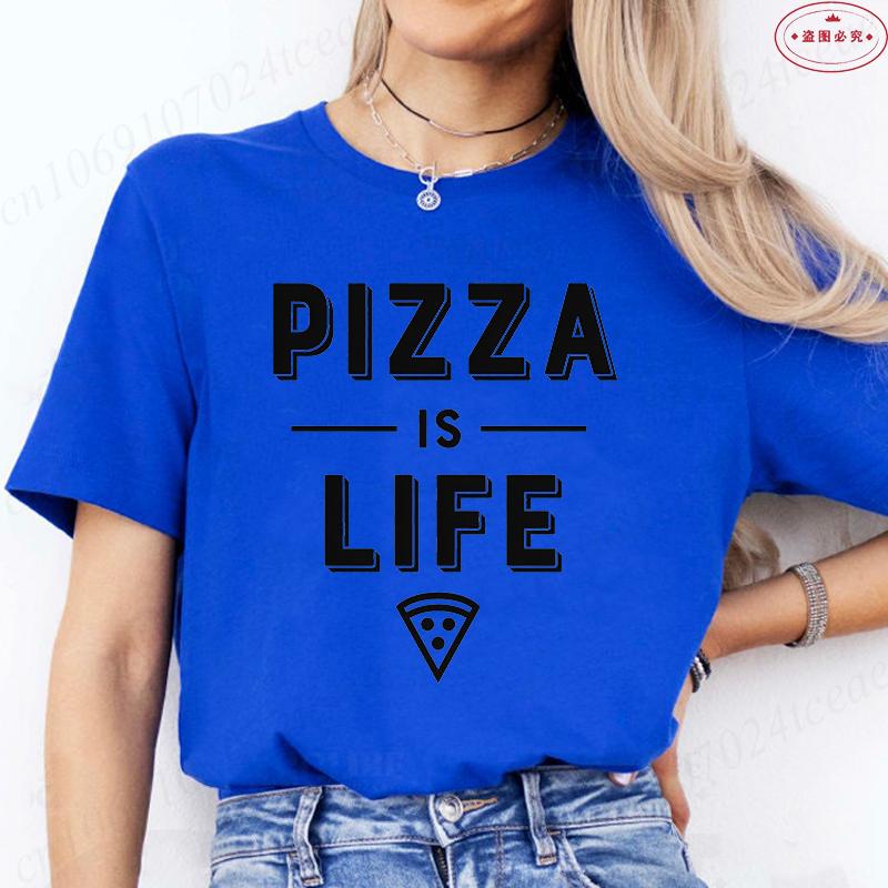 Women's Pizza Lover T-Shirt, 'Pizza Is Life' Retro Block Text Print Tee, Harajuku Short Sleeve O Neck Tops Aesthetic Clothing