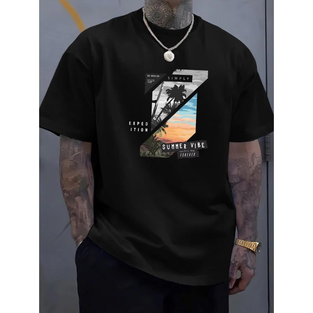 Vibrant Tropical Print Crew Neck Tee - Soft Slight Stretch Fabric, Rib-Knit, Regular Fit, Street Style, Novelty Top for Men